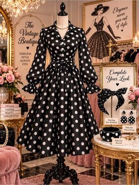 Custom Made 1950s Inspired Rockabilly Black & White Polka Dot Swing Dress